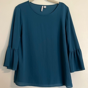 Elle Teal Women’s Dress Shirt with‎ Flare Three Quarter Length Sleeves Size S